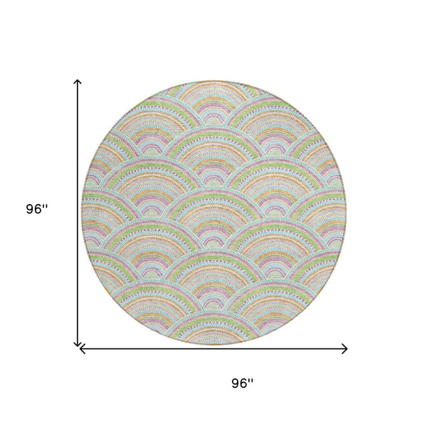 HomeRoots 5' Vibrant Pearl Orange and Purple Geometric Area Rug - Washable, Durable, Indoor/Outdoor Use 8' Round 615226
