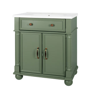 English Elm 27.8" Mid-century Freestanding Bathroom Vanity with Ceramic Sink Drawer and Wood Base Green W1801S00007
