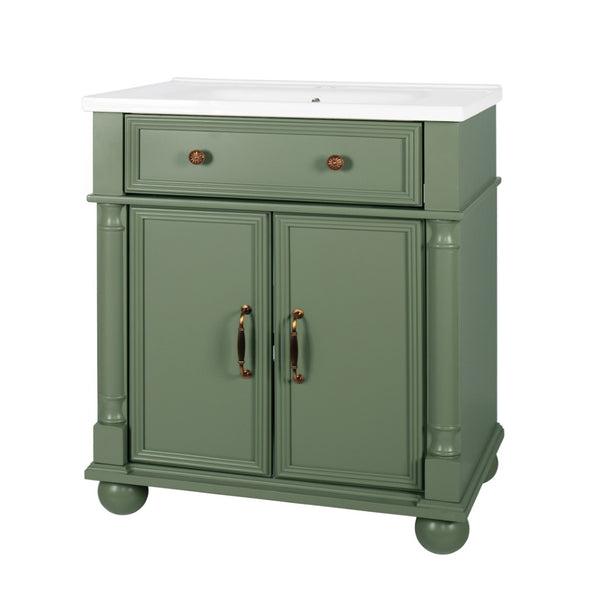 English Elm 27.8" Mid-century Freestanding Bathroom Vanity with Ceramic Sink Drawer and Wood Base Green W1801S00007