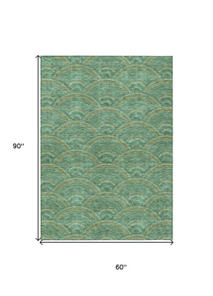 HomeRoots 5' Sage Fern Green and Peach Geometric Area Rug – Stylish, Durable, Washable for Indoor & Outdoor Use 5' X 8' 615231