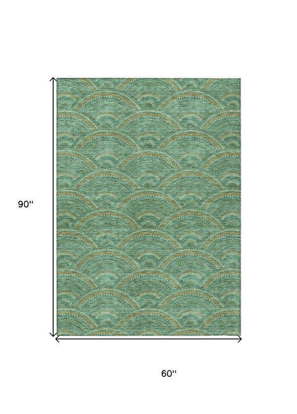 HomeRoots 5' Sage Fern Green and Peach Geometric Area Rug – Stylish, Durable, Washable for Indoor & Outdoor Use 5' X 8' 615231