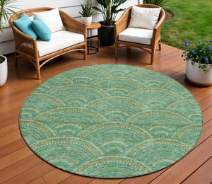 HomeRoots 5' Sage Fern Green and Peach Geometric Area Rug – Stylish, Durable, Washable for Indoor & Outdoor Use 8' Round 615232