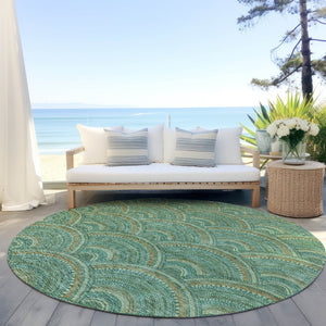 HomeRoots 5' Sage Fern Green and Peach Geometric Area Rug – Stylish, Durable, Washable for Indoor & Outdoor Use 8' Round 615232