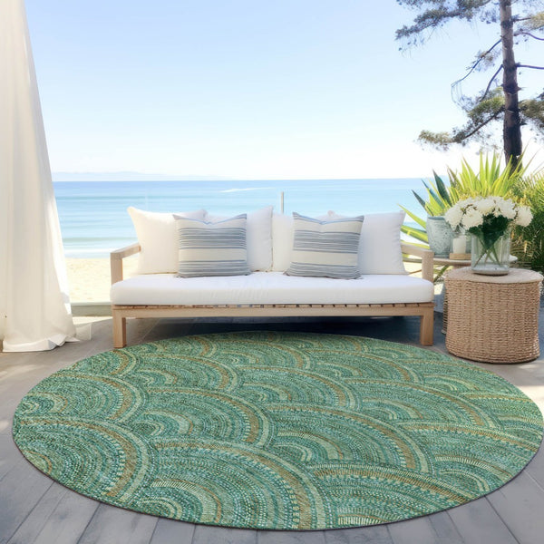 HomeRoots 5' Sage Fern Green and Peach Geometric Area Rug – Stylish, Durable, Washable for Indoor & Outdoor Use 8' Round 615232