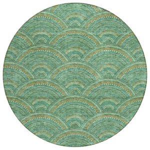 HomeRoots 5' Sage Fern Green and Peach Geometric Area Rug – Stylish, Durable, Washable for Indoor & Outdoor Use 8' Round 615232