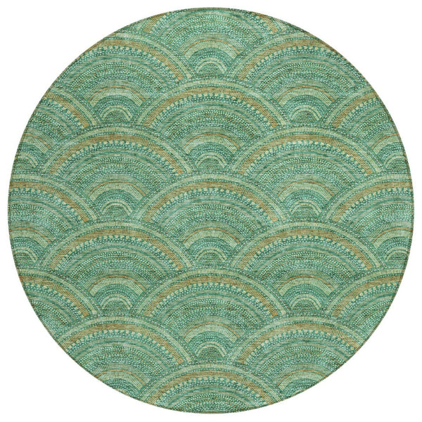 HomeRoots 5' Sage Fern Green and Peach Geometric Area Rug – Stylish, Durable, Washable for Indoor & Outdoor Use 8' Round 615232