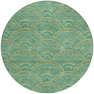 HomeRoots 5' Sage Fern Green and Peach Geometric Area Rug – Stylish, Durable, Washable for Indoor & Outdoor Use 8' Round 615232