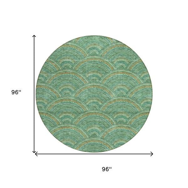 HomeRoots 5' Sage Fern Green and Peach Geometric Area Rug – Stylish, Durable, Washable for Indoor & Outdoor Use 8' Round 615232