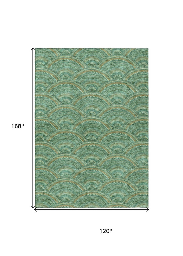HomeRoots 5' Sage Fern Green and Peach Geometric Area Rug – Stylish, Durable, Washable for Indoor & Outdoor Use 10' X 14' 615235