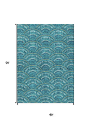 HomeRoots 5' Vibrant Geometric Area Rug in Teal Blue, Fern Green & Ivory - Washable for Indoor & Outdoor Use 5' X 8' 615237