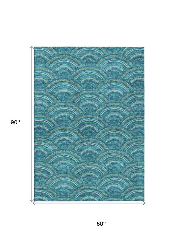HomeRoots 5' Vibrant Geometric Area Rug in Teal Blue, Fern Green & Ivory - Washable for Indoor & Outdoor Use 5' X 8' 615237