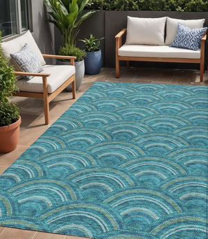 HomeRoots 5' Vibrant Geometric Area Rug in Teal Blue, Fern Green & Ivory - Washable for Indoor & Outdoor Use 5' X 8' 615237