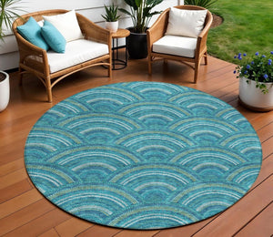 HomeRoots 5' Vibrant Geometric Area Rug in Teal Blue, Fern Green & Ivory - Washable for Indoor & Outdoor Use 8' Round 615238