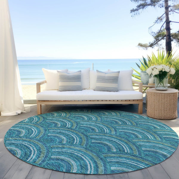 HomeRoots 5' Vibrant Geometric Area Rug in Teal Blue, Fern Green & Ivory - Washable for Indoor & Outdoor Use 8' Round 615238