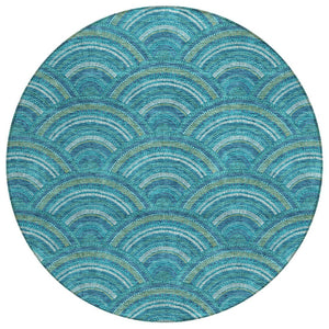 HomeRoots 5' Vibrant Geometric Area Rug in Teal Blue, Fern Green & Ivory - Washable for Indoor & Outdoor Use 8' Round 615238