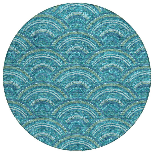 HomeRoots 5' Vibrant Geometric Area Rug in Teal Blue, Fern Green & Ivory - Washable for Indoor & Outdoor Use 8' Round 615238