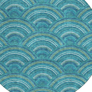 HomeRoots 5' Vibrant Geometric Area Rug in Teal Blue, Fern Green & Ivory - Washable for Indoor & Outdoor Use 8' Round 615238