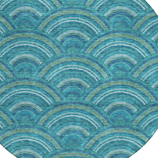 HomeRoots 5' Vibrant Geometric Area Rug in Teal Blue, Fern Green & Ivory - Washable for Indoor & Outdoor Use 8' Round 615238