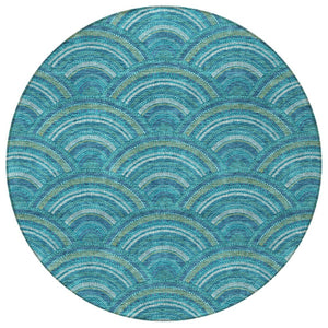 HomeRoots 5' Vibrant Geometric Area Rug in Teal Blue, Fern Green & Ivory - Washable for Indoor & Outdoor Use 8' Round 615238