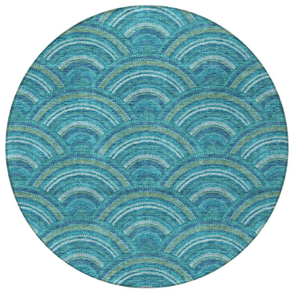 HomeRoots 5' Vibrant Geometric Area Rug in Teal Blue, Fern Green & Ivory - Washable for Indoor & Outdoor Use 8' Round 615238