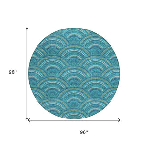 HomeRoots 5' Vibrant Geometric Area Rug in Teal Blue, Fern Green & Ivory - Washable for Indoor & Outdoor Use 8' Round 615238