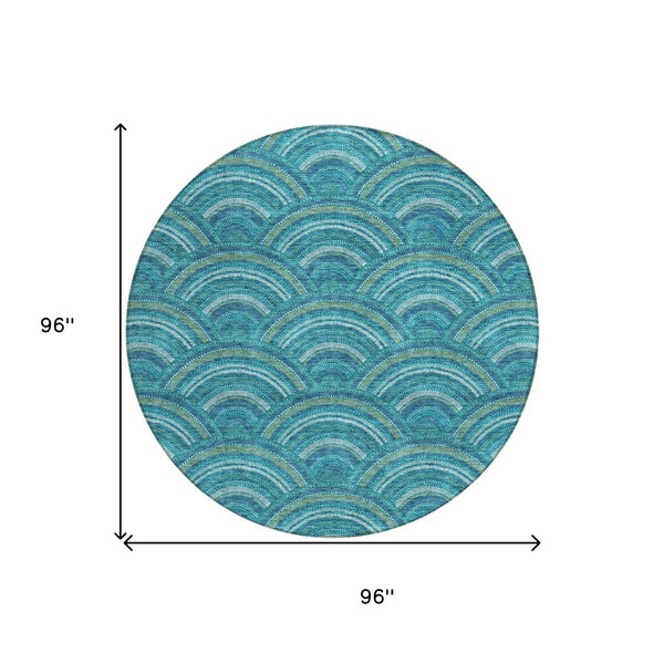 HomeRoots 5' Vibrant Geometric Area Rug in Teal Blue, Fern Green & Ivory - Washable for Indoor & Outdoor Use 8' Round 615238
