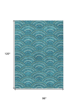 HomeRoots 5' Vibrant Geometric Area Rug in Teal Blue, Fern Green & Ivory - Washable for Indoor & Outdoor Use 8' X 10' 615239