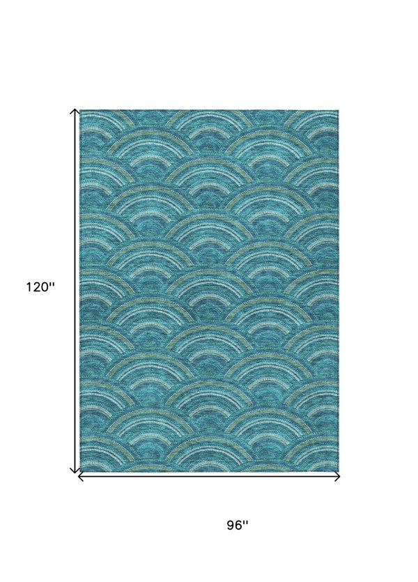 HomeRoots 5' Vibrant Geometric Area Rug in Teal Blue, Fern Green & Ivory - Washable for Indoor & Outdoor Use 8' X 10' 615239