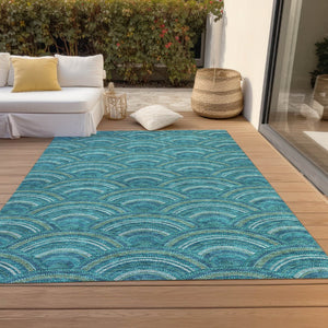 HomeRoots 5' Vibrant Geometric Area Rug in Teal Blue, Fern Green & Ivory - Washable for Indoor & Outdoor Use 8' X 10' 615239