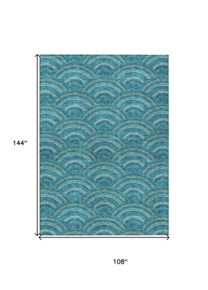 HomeRoots 5' Vibrant Geometric Area Rug in Teal Blue, Fern Green & Ivory - Washable for Indoor & Outdoor Use 9' X 12' 615240