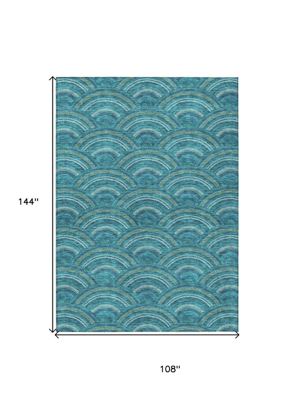 HomeRoots 5' Vibrant Geometric Area Rug in Teal Blue, Fern Green & Ivory - Washable for Indoor & Outdoor Use 9' X 12' 615240