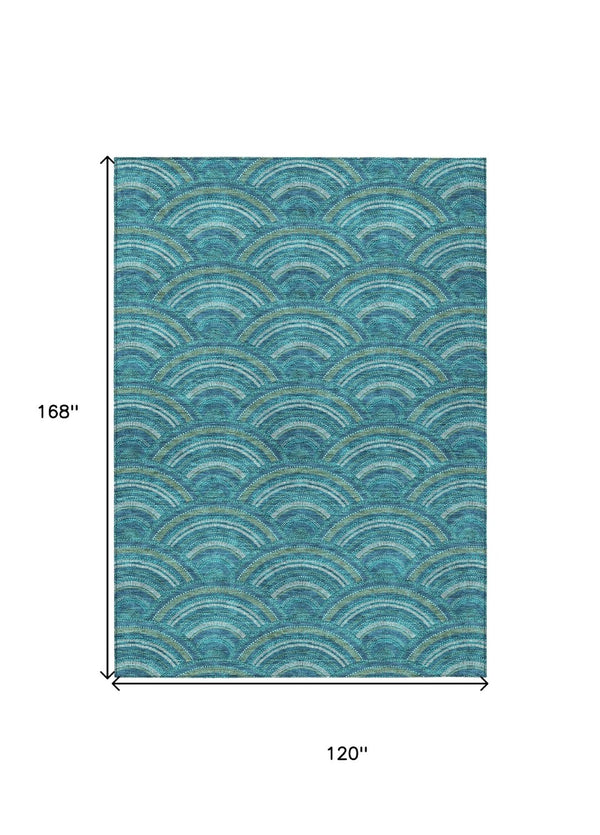 HomeRoots 5' Vibrant Geometric Area Rug in Teal Blue, Fern Green & Ivory - Washable for Indoor & Outdoor Use 10' X 14' 615241