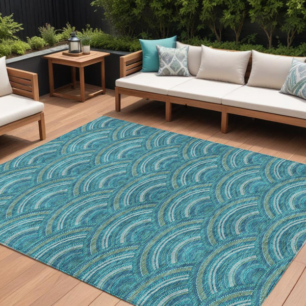 HomeRoots 5' Vibrant Geometric Area Rug in Teal Blue, Fern Green & Ivory - Washable for Indoor & Outdoor Use 10' X 14' 615241