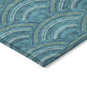 HomeRoots 5' Vibrant Geometric Area Rug in Teal Blue, Fern Green & Ivory - Washable for Indoor & Outdoor Use 10' X 14' 615241