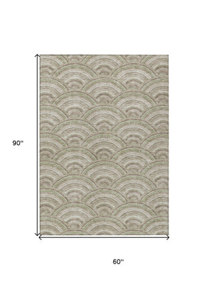 HomeRoots 5' Modern Geometric Indoor Outdoor Area Rug in Taupe, Fern Green & Ivory - Washable & Durable Design 5' X 8' 615243