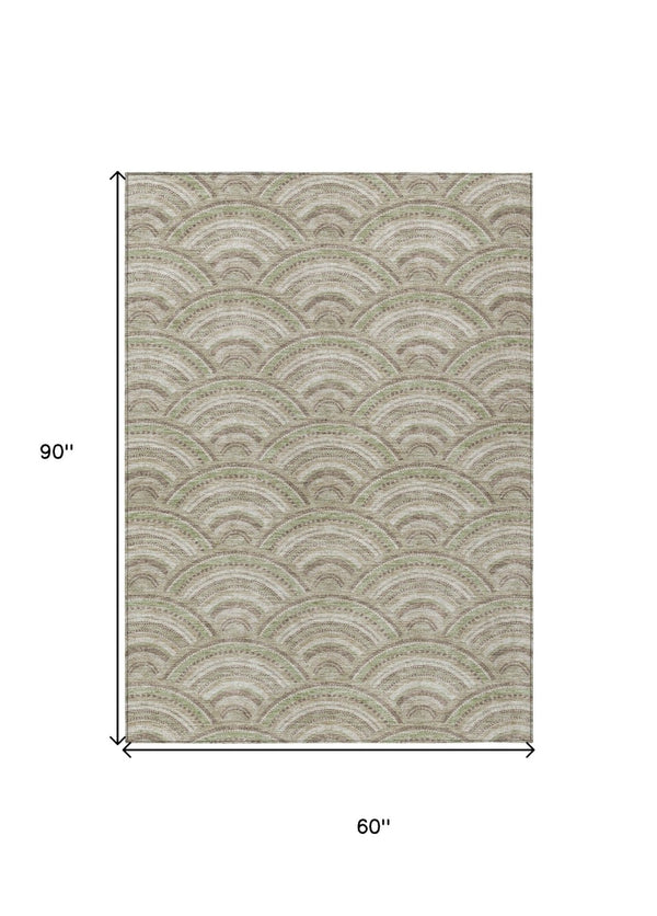 HomeRoots 5' Modern Geometric Indoor Outdoor Area Rug in Taupe, Fern Green & Ivory - Washable & Durable Design 5' X 8' 615243