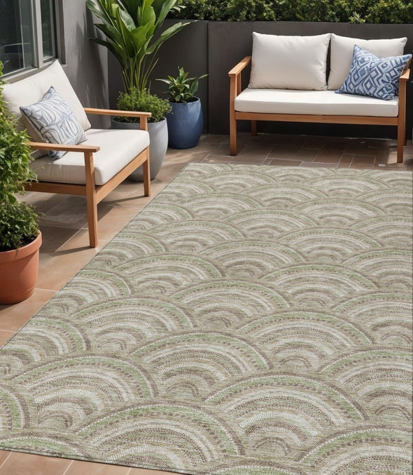 HomeRoots 5' Modern Geometric Indoor Outdoor Area Rug in Taupe, Fern Green & Ivory - Washable & Durable Design 5' X 8' 615243