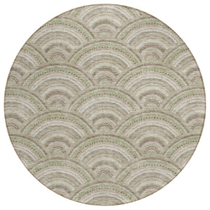 HomeRoots 5' Modern Geometric Indoor Outdoor Area Rug in Taupe, Fern Green & Ivory - Washable & Durable Design 8' Round 615244