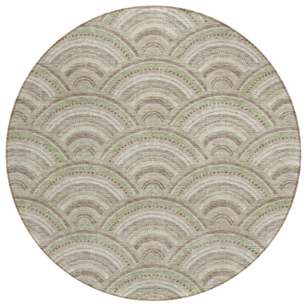 HomeRoots 5' Modern Geometric Indoor Outdoor Area Rug in Taupe, Fern Green & Ivory - Washable & Durable Design 8' Round 615244