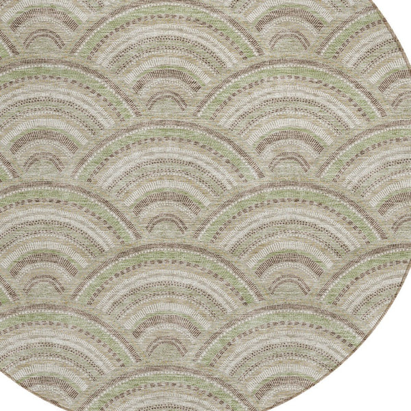 HomeRoots 5' Modern Geometric Indoor Outdoor Area Rug in Taupe, Fern Green & Ivory - Washable & Durable Design 8' Round 615244