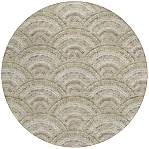 HomeRoots 5' Modern Geometric Indoor Outdoor Area Rug in Taupe, Fern Green & Ivory - Washable & Durable Design 8' Round 615244