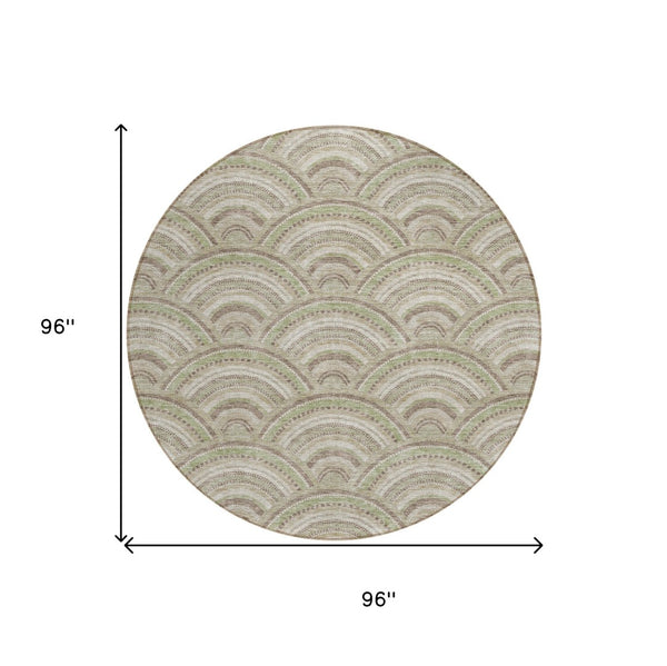 HomeRoots 5' Modern Geometric Indoor Outdoor Area Rug in Taupe, Fern Green & Ivory - Washable & Durable Design 8' Round 615244