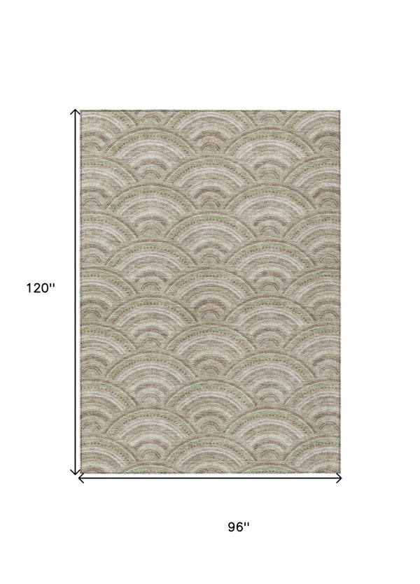 HomeRoots 5' Modern Geometric Indoor Outdoor Area Rug in Taupe, Fern Green & Ivory - Washable & Durable Design 8' X 10' 615245