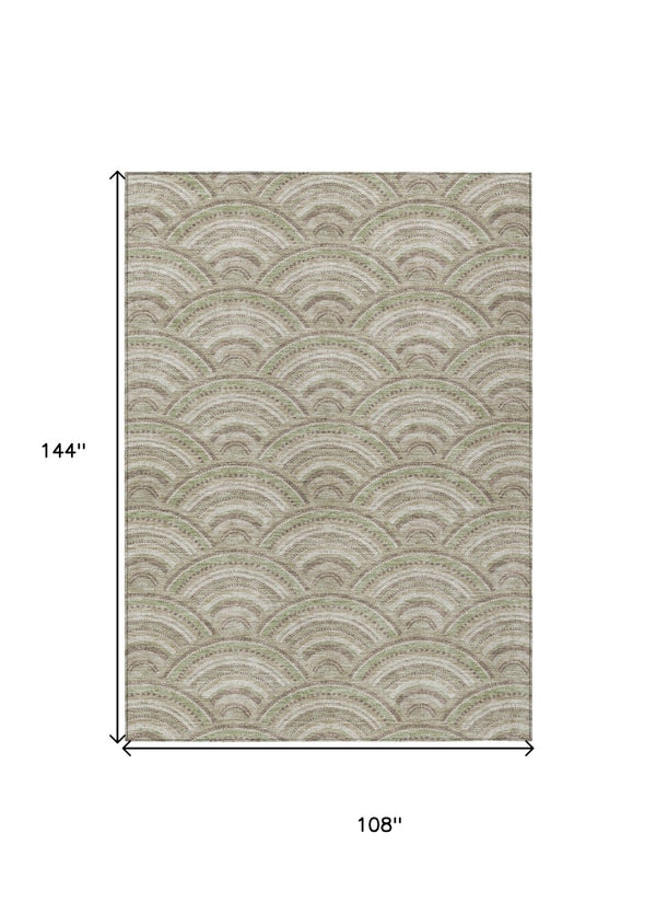 HomeRoots 9' X 12' Stylish Taupe, Fern Green & Ivory Geometric Washable Area Rug for Indoor & Outdoor Use 615246