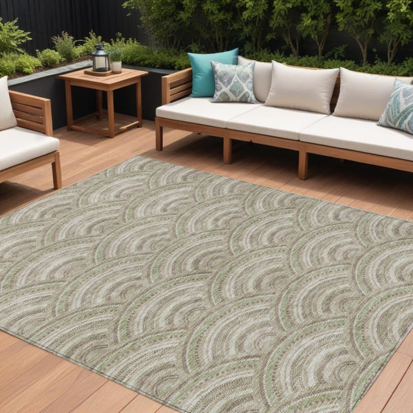HomeRoots 9' X 12' Stylish Taupe, Fern Green & Ivory Geometric Washable Area Rug for Indoor & Outdoor Use 615246