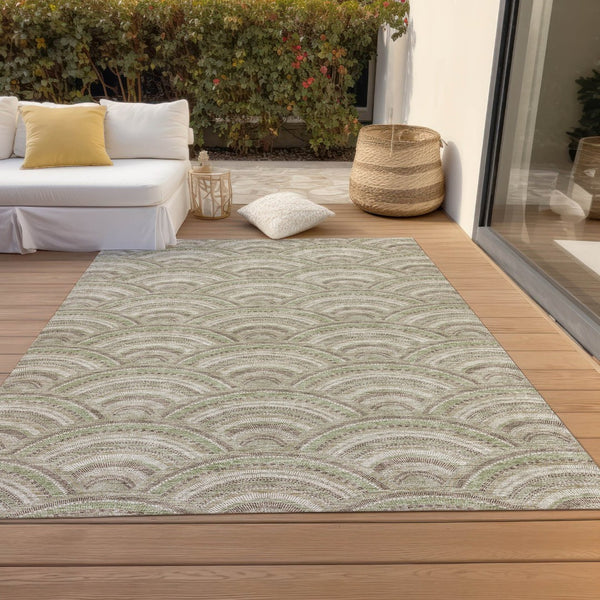 HomeRoots 9' X 12' Stylish Taupe, Fern Green & Ivory Geometric Washable Area Rug for Indoor & Outdoor Use 615246