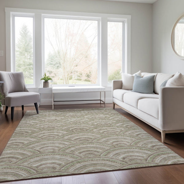 HomeRoots 9' X 12' Stylish Taupe, Fern Green & Ivory Geometric Washable Area Rug for Indoor & Outdoor Use 615246