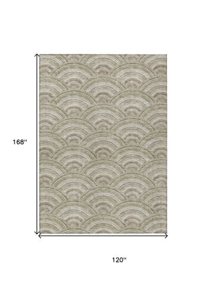 HomeRoots 5' Modern Geometric Indoor Outdoor Area Rug in Taupe, Fern Green & Ivory - Washable & Durable Design 10' X 14' 615247