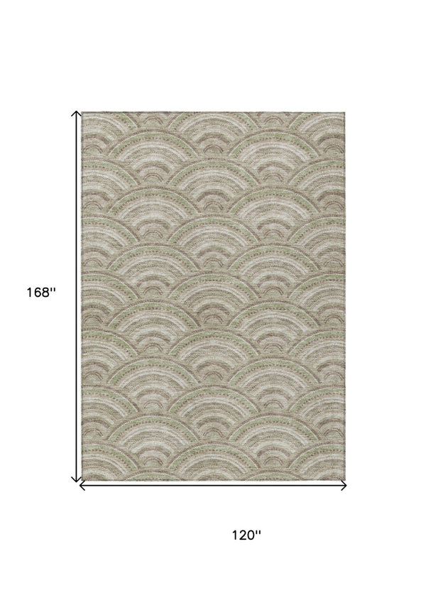 HomeRoots 5' Modern Geometric Indoor Outdoor Area Rug in Taupe, Fern Green & Ivory - Washable & Durable Design 10' X 14' 615247
