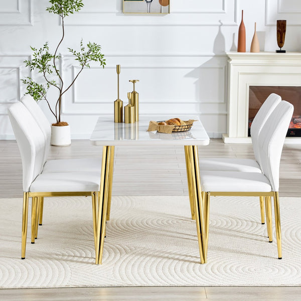 English Elm Table and Chair Set Marble Glass Top Gold Legs Modern Dining for Small Spaces W1151S04637